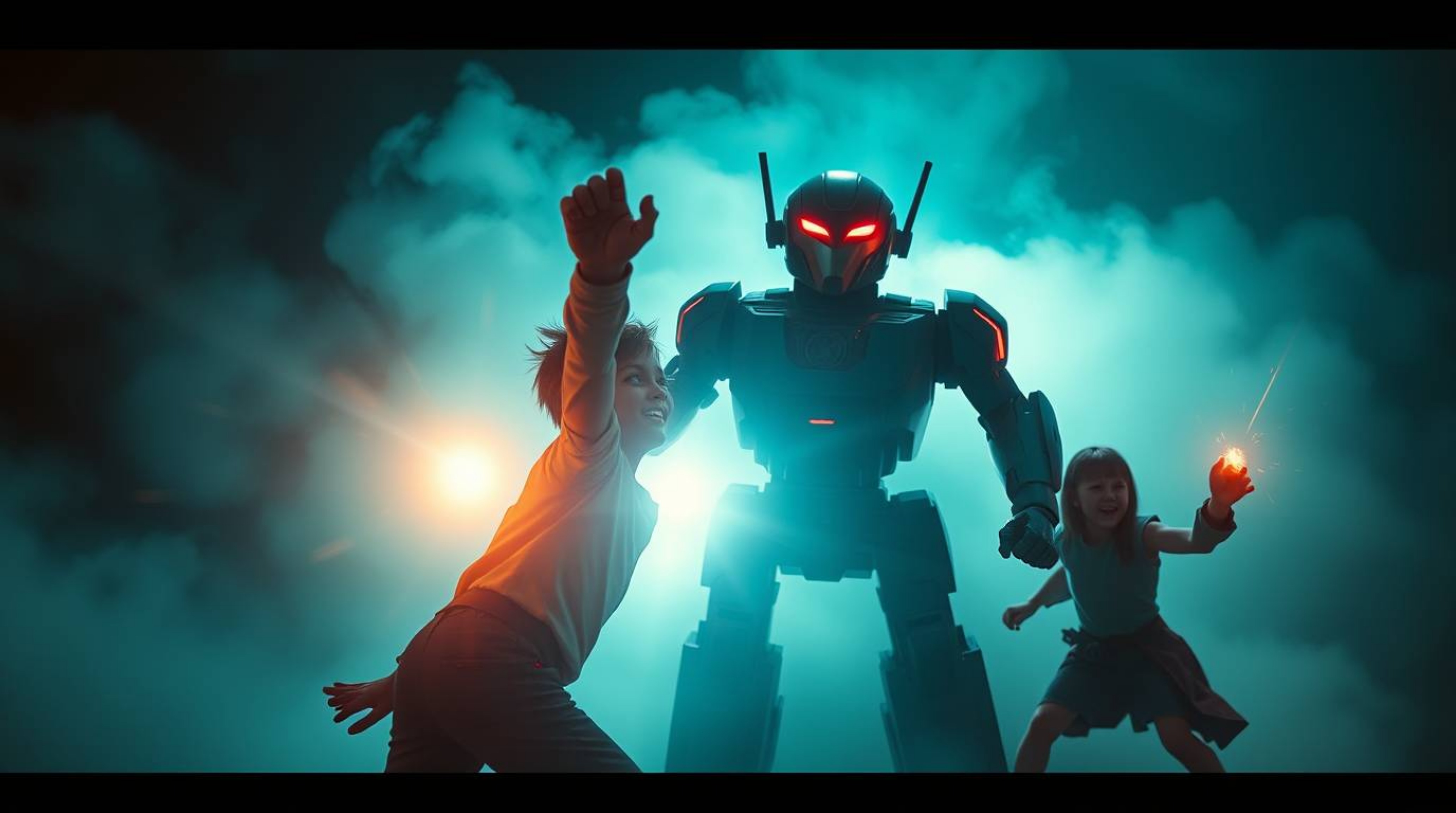 A captivating cinematic scene depicting three superpowered children engaging in an epic battle against a formidable robot.  R