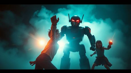 A captivating cinematic scene depicting three superpowered children engaging in an epic battle against a formidable robot.  R