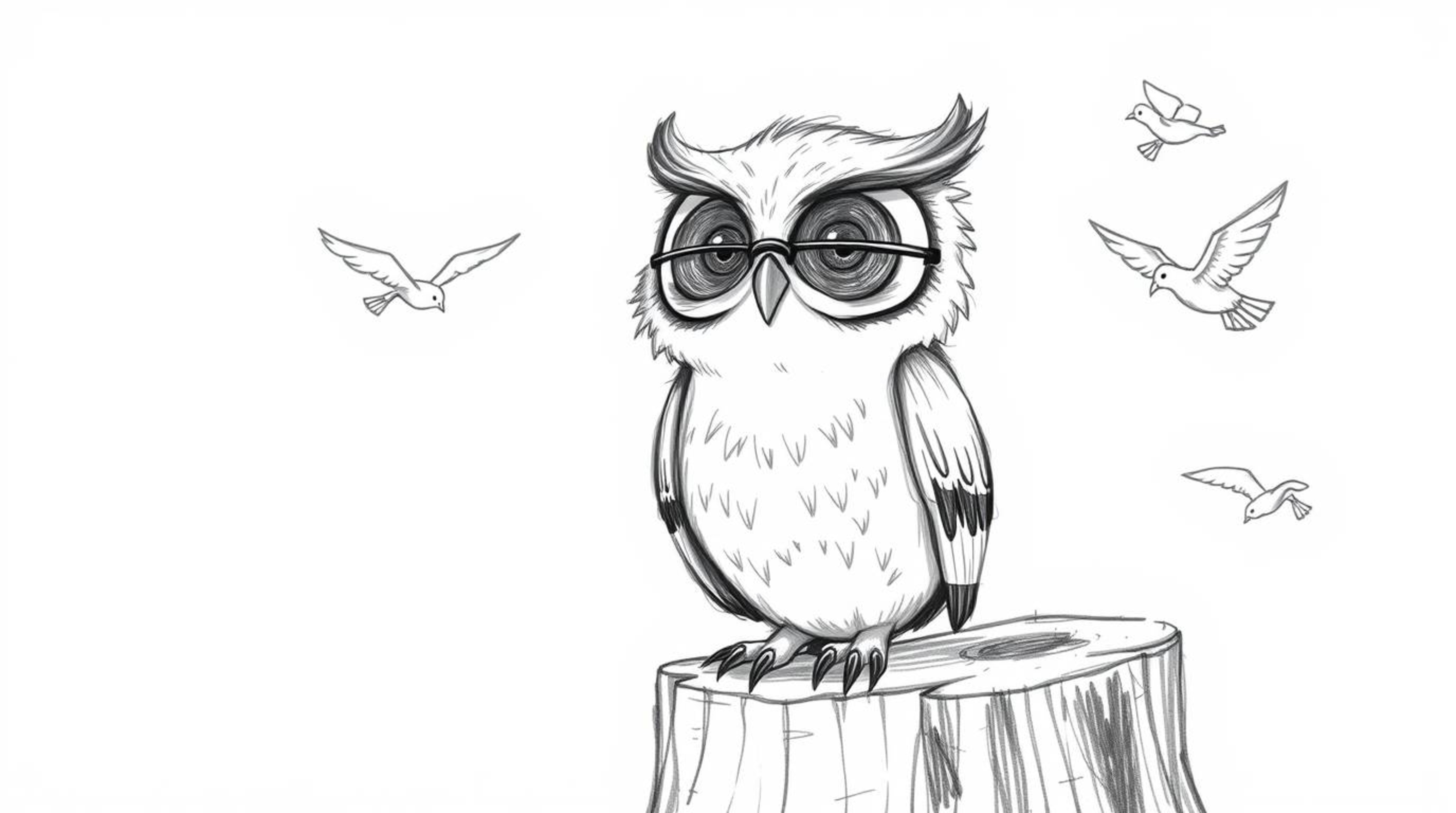 A heartwarming, Pixar-style hand-drawn sketch depicts a blind owl with subtly textured feathers, perched on a tree stump. He 