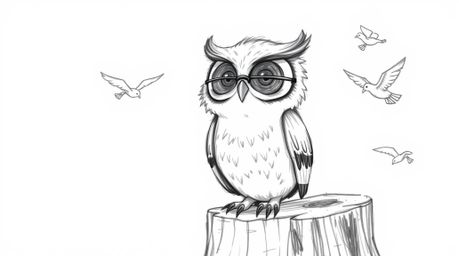 A heartwarming, Pixar-style hand-drawn sketch depicts a blind owl with subtly textured feathers, perched on a tree stump. He 