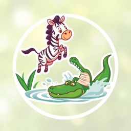 A vibrant and playful logo design featuring a 3D cartoon zebra and crocodile set within a lush jungle environment. The zebra 