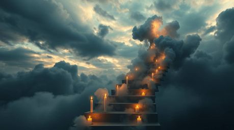 A winding stairway crafted from smoke and light ascends into a vast, cloudy sky, bathed in the gentle warmth of candlelight. 