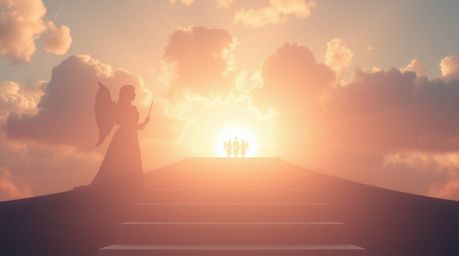 A dreamlike scene bathed in soft pastel colors and silhouetted backlighting. Steps of light ascend into a cloudy sky, with an
