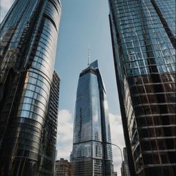 This sleek, glass-clad skyscraper stands tall in the vibrant heart of a modern financial district. Surrounded by other high-r