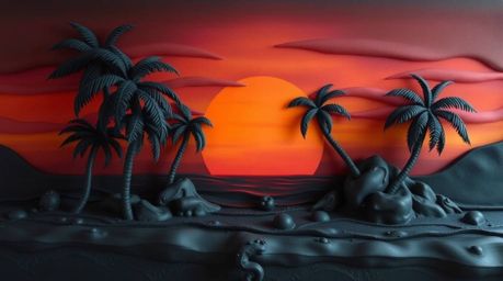 This collection showcases sculptural clay artwork depicting a captivating yet eerie tropical beach sunset. The scenes feature