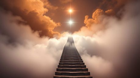 A long-exposure photograph captures a surreal stairway winding through smoky clouds, leading to a radiant celestial light, sy