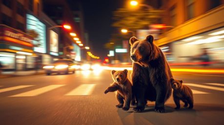 A captivating long exposure photograph documents a bear family's unexpected urban adventure, bathed in the warm hues of reds,