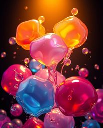This digital painting showcases floating 3D blobs of fluid jelly, rendered with vibrant colors and synthetic textures. The ar