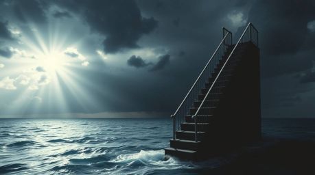 A dramatic and captivating image depicting a charming staircase ascending from the ocean towards a stormy, sunburst-filled sk