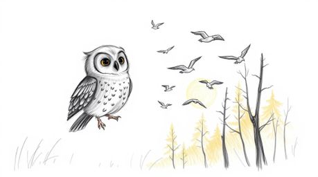 A heartwarming hand-drawn sketch in the style of Pixar depicts a gentle, blind owl with soft feathers guiding a flock of bird