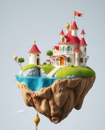 This high-resolution stock photo captures an adorable and cute surreal floating island featuring charming, whimsical architec