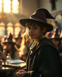 Enchanting image of a magical school filled with young wizards, bathed in the soft glow of golden hour.  A dreamy bokeh backg