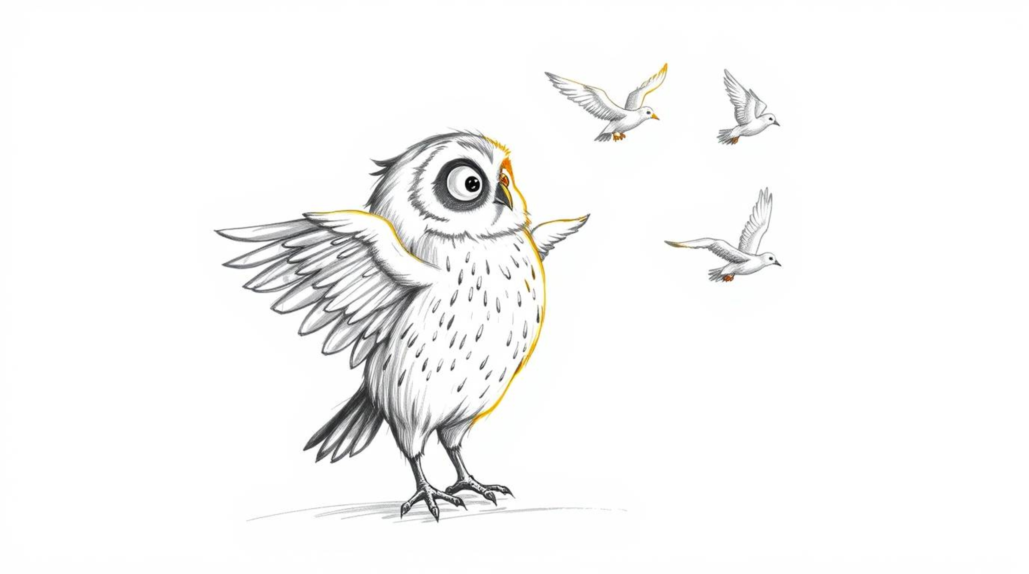 A whimsical, hand-drawn sketch in the style of Pixar depicts a blind owl generously teaching birds how to fly. The sun's rays