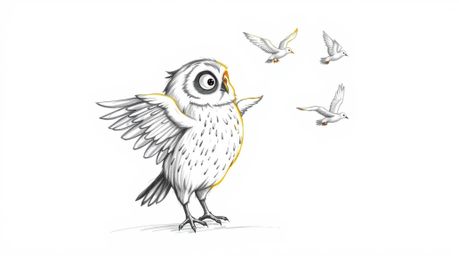 A whimsical, hand-drawn sketch in the style of Pixar depicts a blind owl generously teaching birds how to fly. The sun's rays
