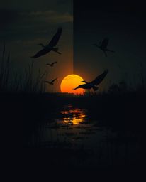 A distinctly split, eerie Golden hour wetlands scene featuring herons in flight. This image creates a creepy atmosphere with 