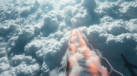 Embark on a futuristic sci-fi journey to the unknown, visualized through a high-angle perspective of a winding stairway craft