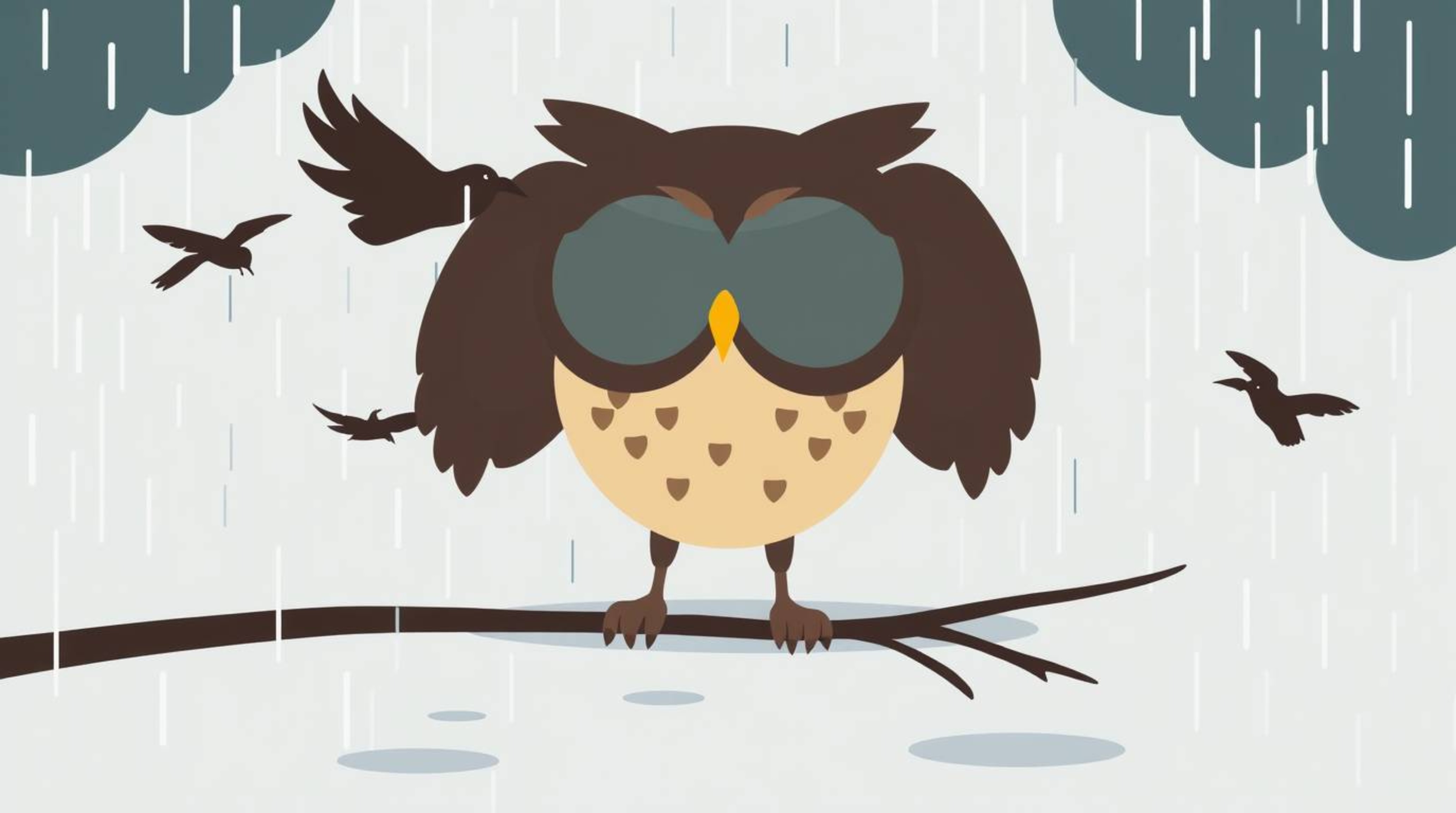 A modern flat design presents a Pixar-style blind owl, inspiring birds to fly amidst a wet and rainy atmosphere. The image em