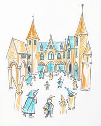 A captivating hand-drawn sketch showcases a magical school brimming with young wizards. The artwork masterfully blends warm t