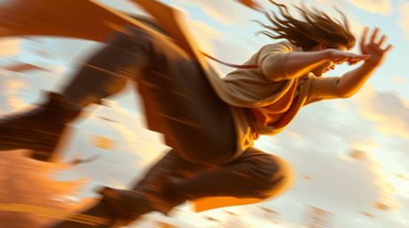 Explore a vibrant digital painting capturing dynamic motion and warm autumn colors, featuring blurred lines and action poses.