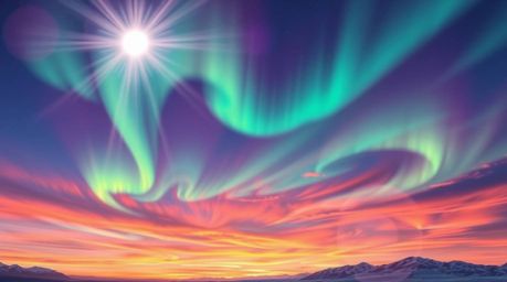 A captivating digital painting showcases the vibrant spectacle of the Northern Lights emerging over a breathtaking sunset sky