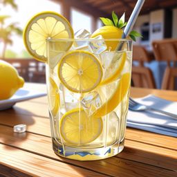 A refreshing and visually appealing image of a tall glass of lemonade, complete with ice cubes and a bright lemon slice. The 