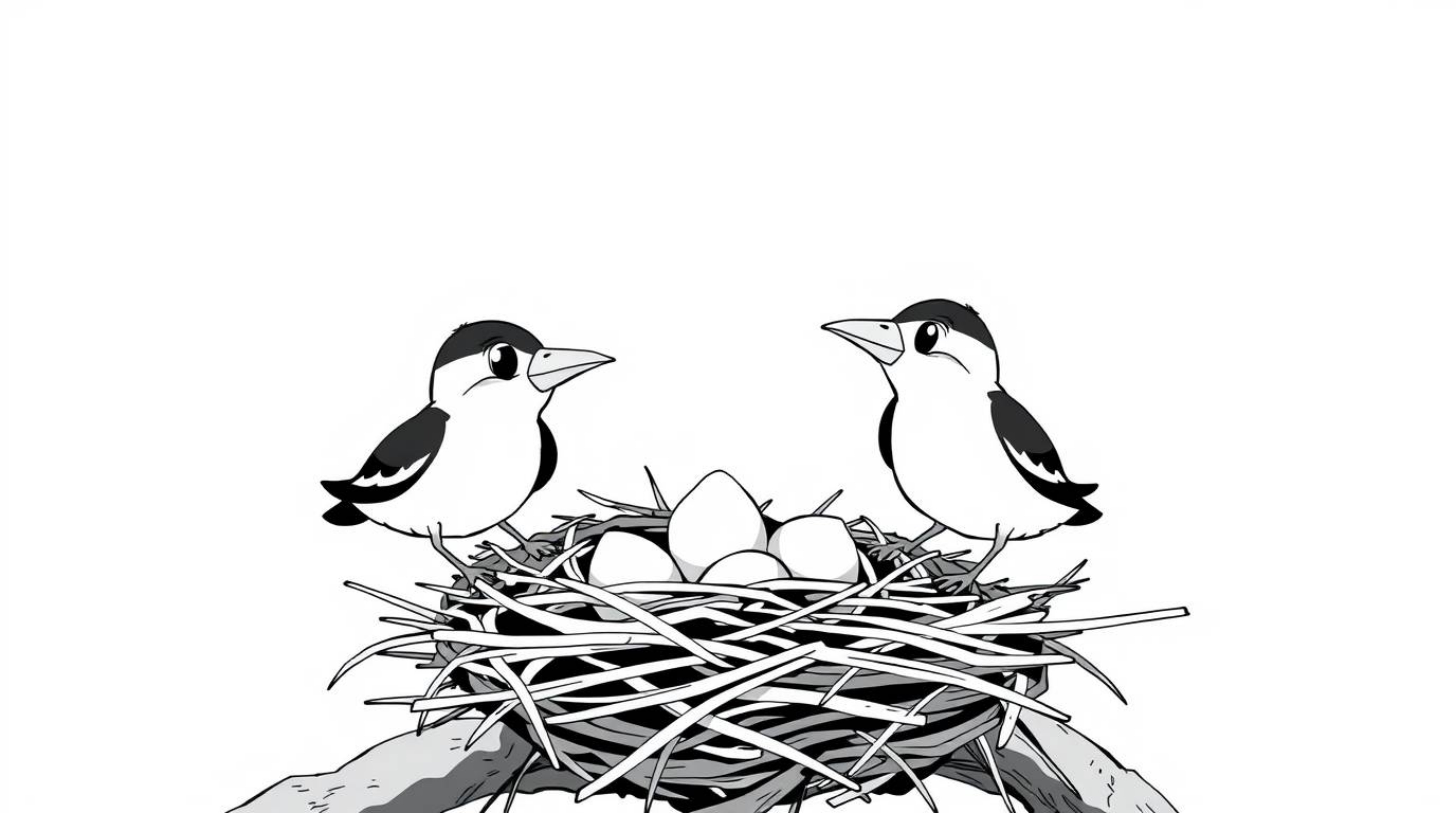 A captivating image showcasing two cartoon birds meticulously building a nest, rendered in a classic black and white Isekai a