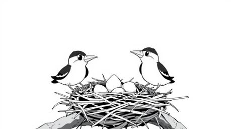 A captivating image showcasing two cartoon birds meticulously building a nest, rendered in a classic black and white Isekai a