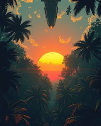 A low-angle, futuristic sci-fi illustration depicting a vibrant sunset filtering through a dense jungle canopy. This artwork 