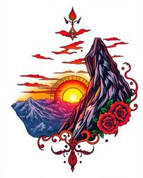 This is a symbolic traditional tattoo art print that vividly depicts a sunset as viewed from a high alpine peak. The artwork 