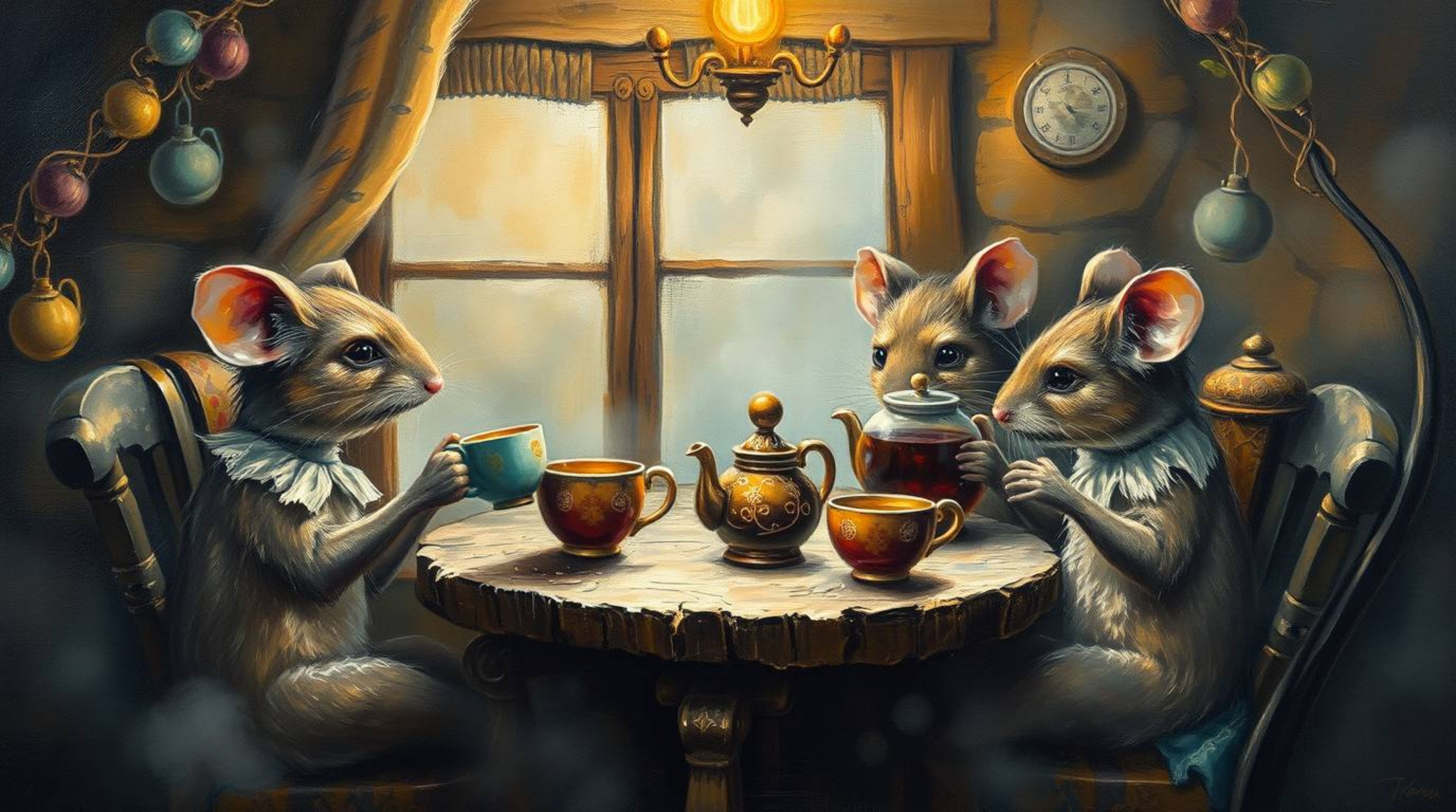 A captivating oil painting showcases anthropomorphic mice enjoying a tea party within a cozy cottage.  Rendered in a classic 