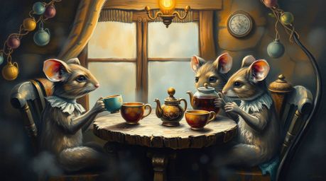 A captivating oil painting showcases anthropomorphic mice enjoying a tea party within a cozy cottage.  Rendered in a classic 