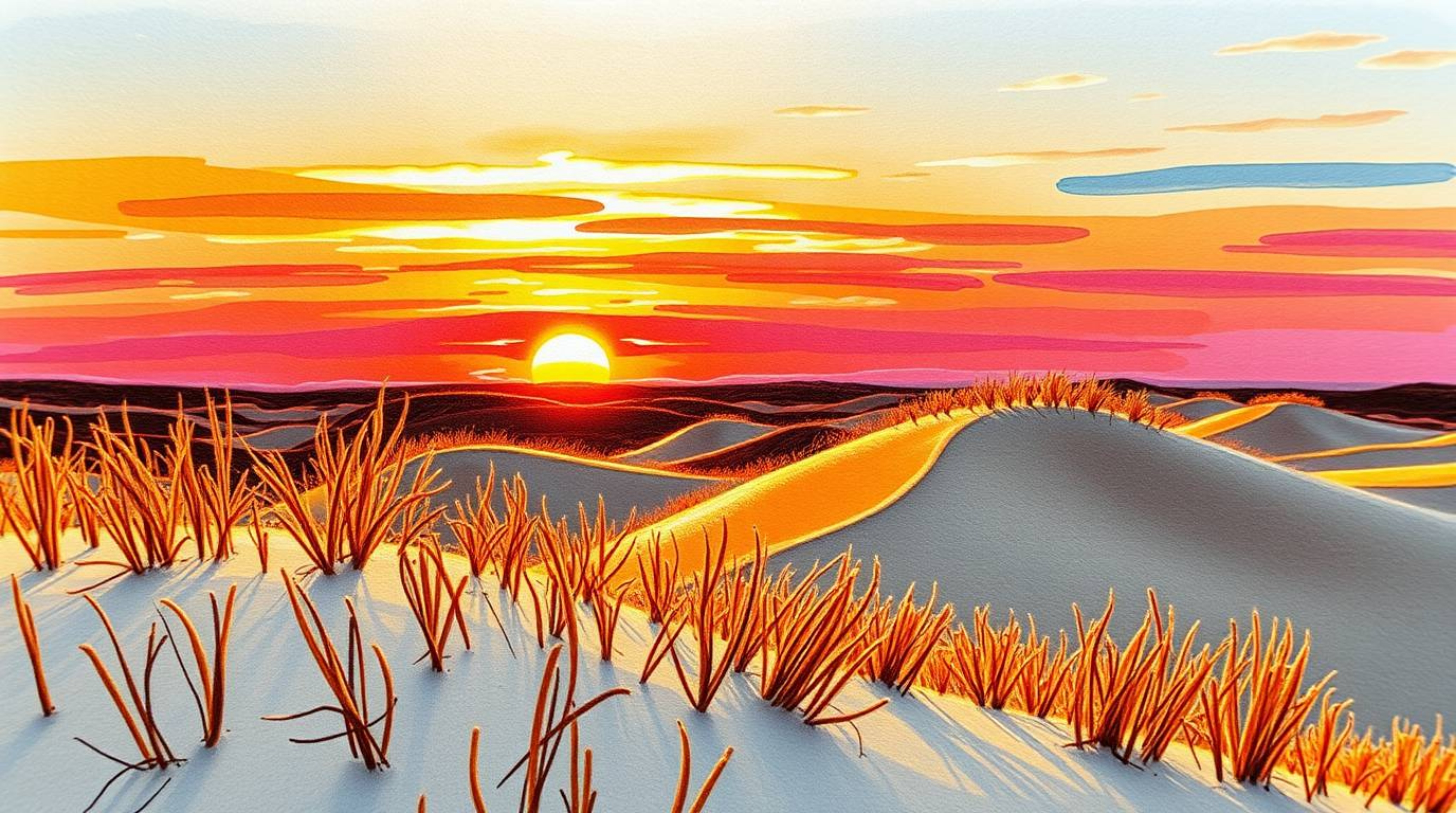 A close-up color sketchnote depicting a detailed sunset over golden dunes, emphasizing a focused composition with fine lines 