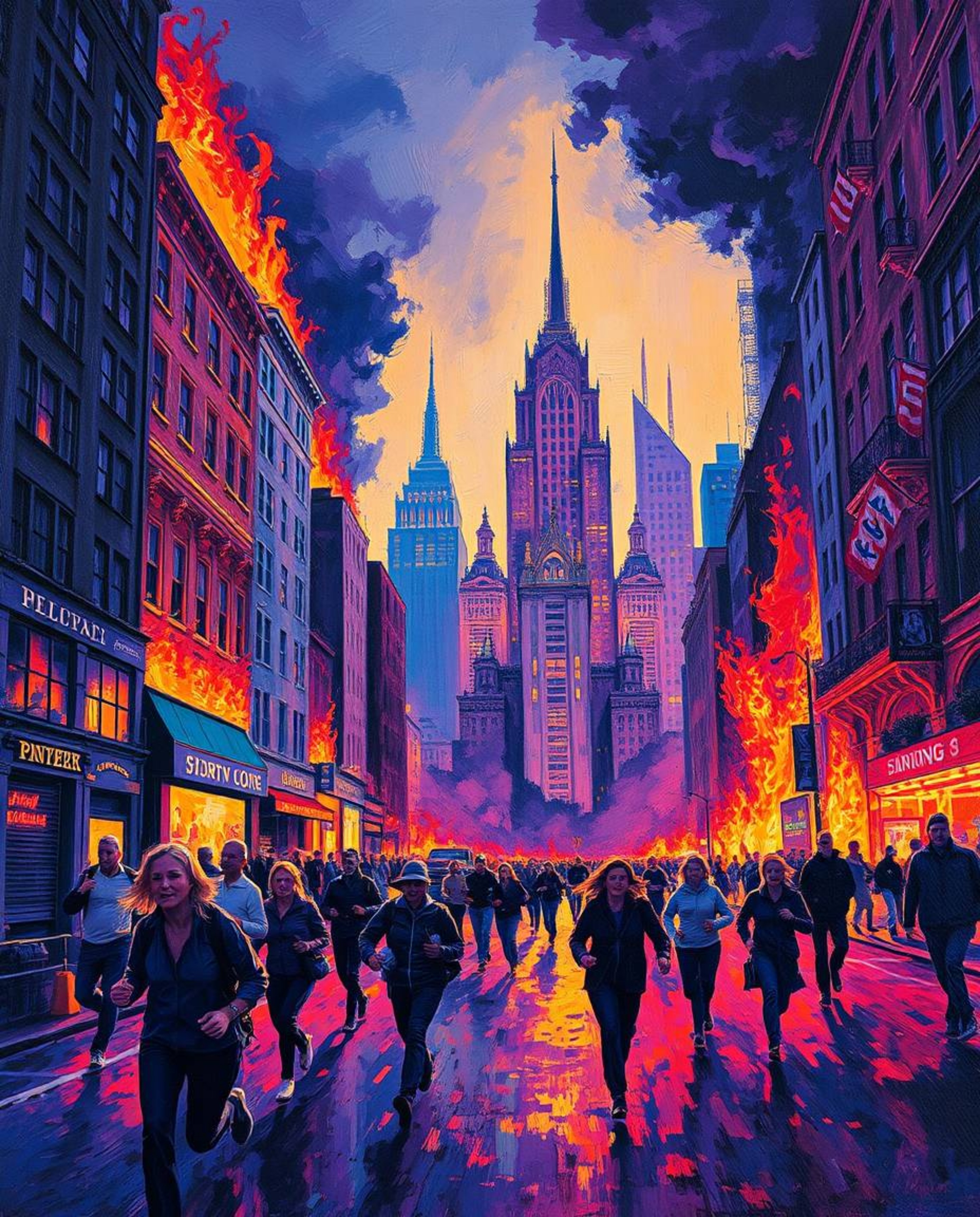 This artwork captures a dramatic scene of a city engulfed in flames, depicted in a classic oil painting style. People are see