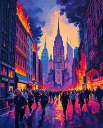 This artwork captures a dramatic scene of a city engulfed in flames, depicted in a classic oil painting style. People are see