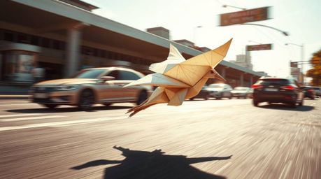 A vibrant image of a fast-running bird, rendered in intricate origami style, blurring past urban traffic. The artwork showca