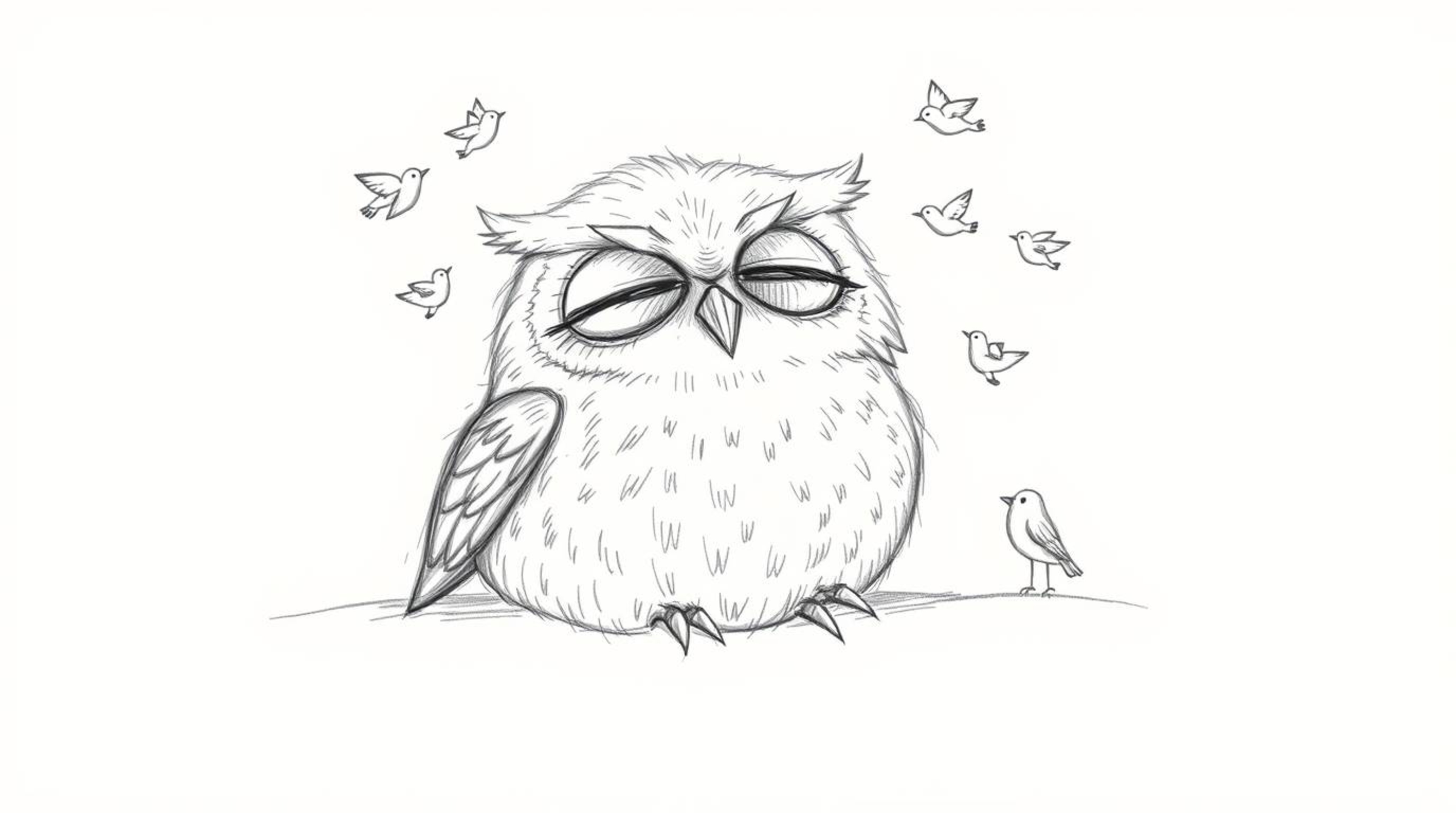 A hand-drawn pencil sketch in the style of Pixar depicts a blind owl with a soft, feathery texture, resting peacefully agains