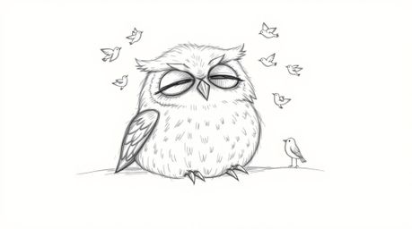 A hand-drawn pencil sketch in the style of Pixar depicts a blind owl with a soft, feathery texture, resting peacefully agains