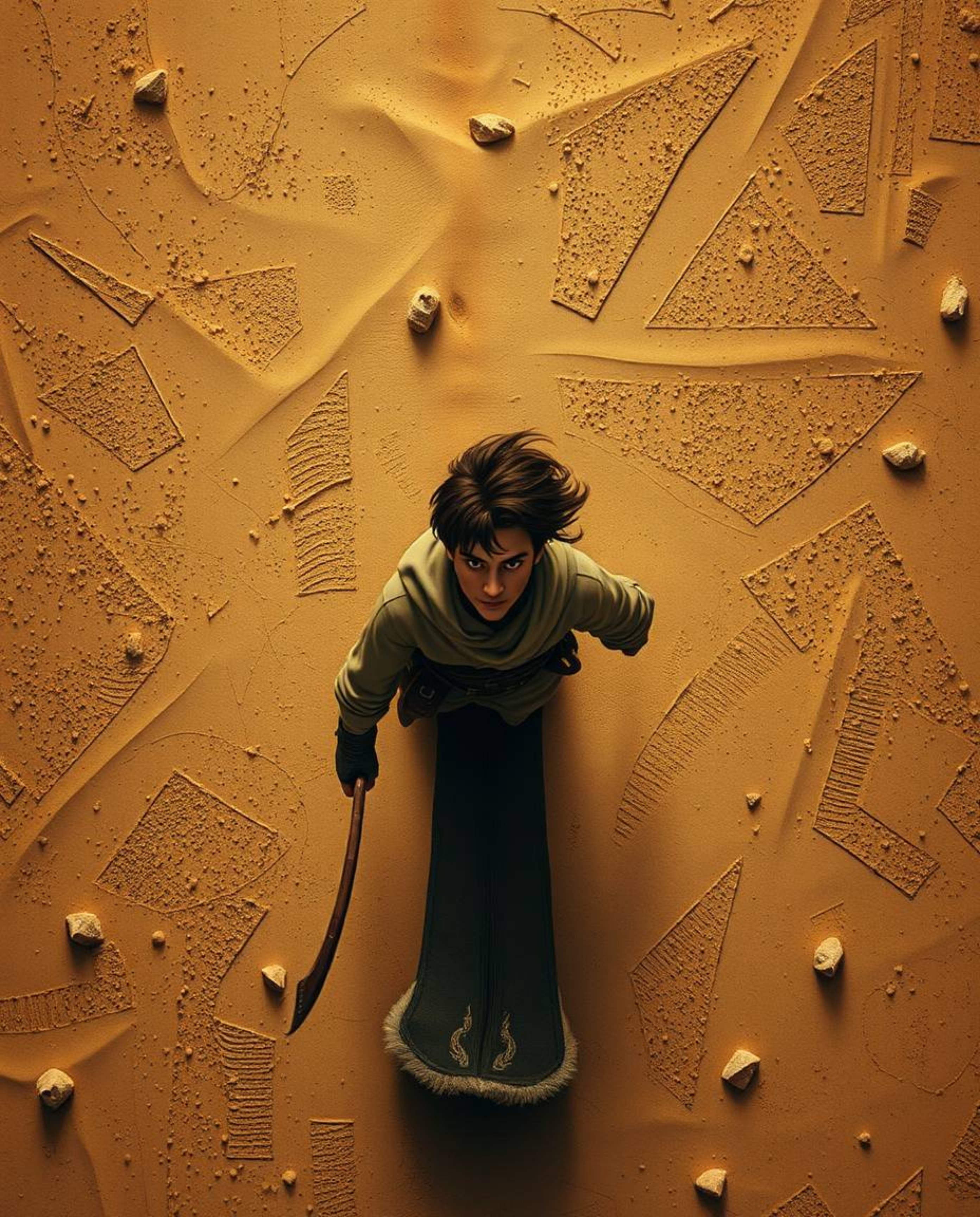 A captivating overhead shot depicts a courageous hero embarking on a Disney-esque desert adventure. The low-contrast, top-dow
