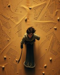 A captivating overhead shot depicts a courageous hero embarking on a Disney-esque desert adventure. The low-contrast, top-dow
