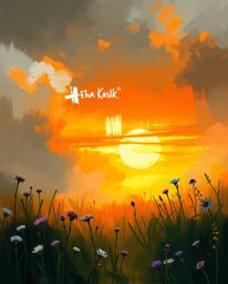 This is a dynamic digital sketch capturing a sunset over a spring wildflower meadow in a dramatic fantasy style. Created with