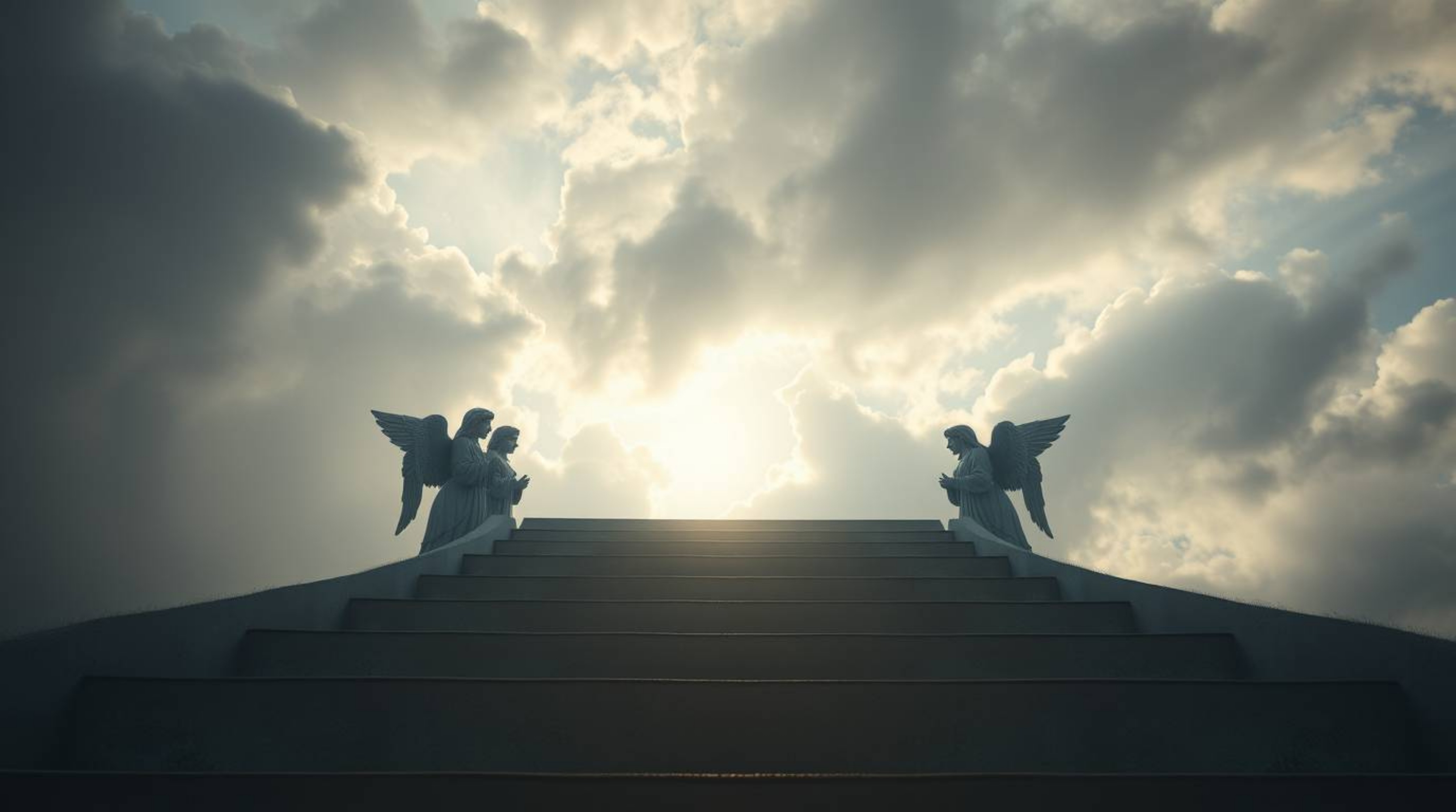 A scene of ethereal beauty unfolds, with steps of light rising into a cloudy sky. Serene angelic figures observe from the hor