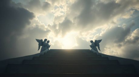 A scene of ethereal beauty unfolds, with steps of light rising into a cloudy sky. Serene angelic figures observe from the hor