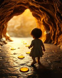 A cast bronze surface bathed in the warm light of the golden hour sets the scene as a child with a serene expression follows 