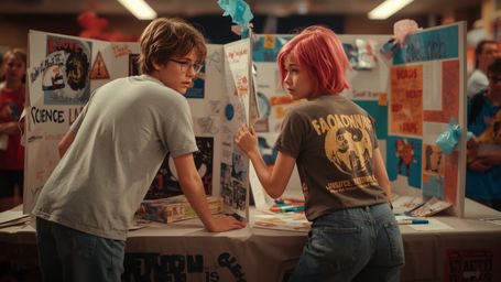 A vibrant, cinematic photograph, in a warm, Pixar-inspired style, captures two eager teenage science fair students in a momen