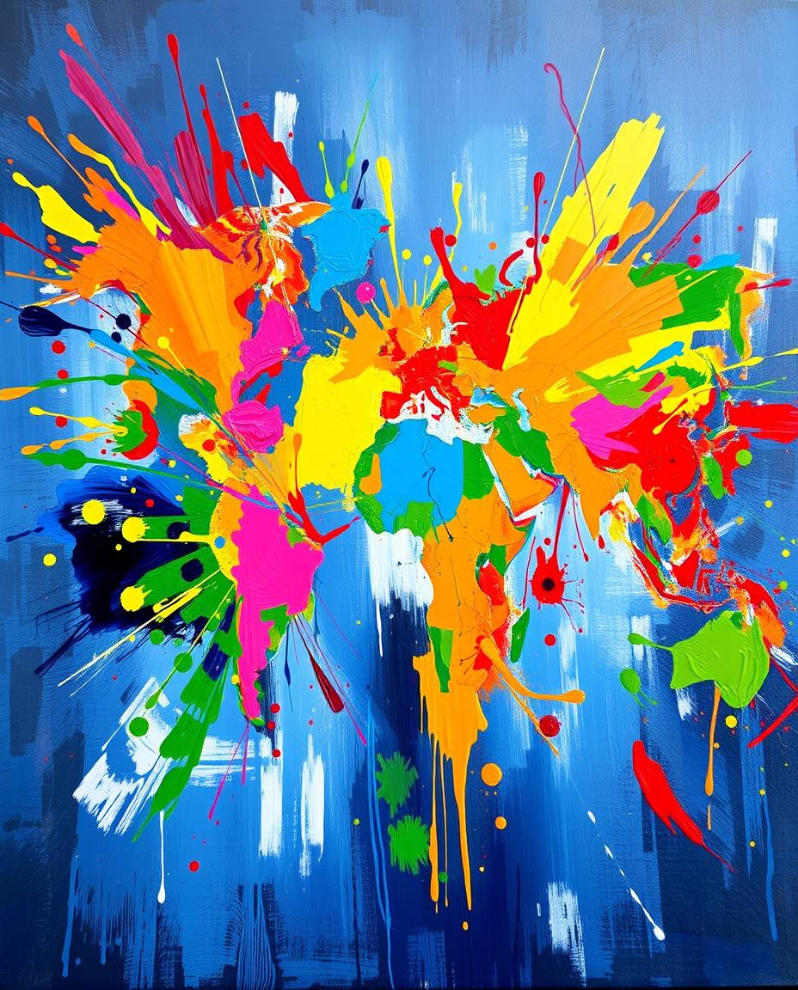 This dynamic acrylic painting features a world map formed from bright and colorful splashes, creating a captivating abstract 