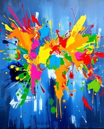 This dynamic acrylic painting features a world map formed from bright and colorful splashes, creating a captivating abstract 
