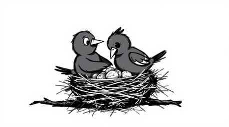 A captivating hand-drawn sketch depicts two cartoon birds diligently constructing a nest. The intense black ink and deep sha