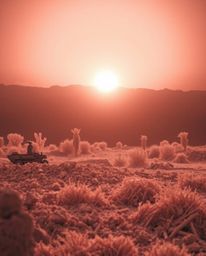Experience a hauntingly beautiful sunrise over a war-torn landscape, captured in surreal infrared. The silhouetted backlighti
