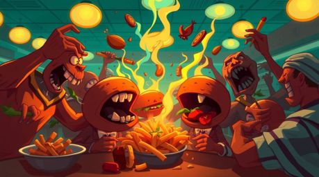 Experience the chaotic energy of a wild cartoon cafeteria food fight, rendered in dark and unsettling tones. Radiant and luxu