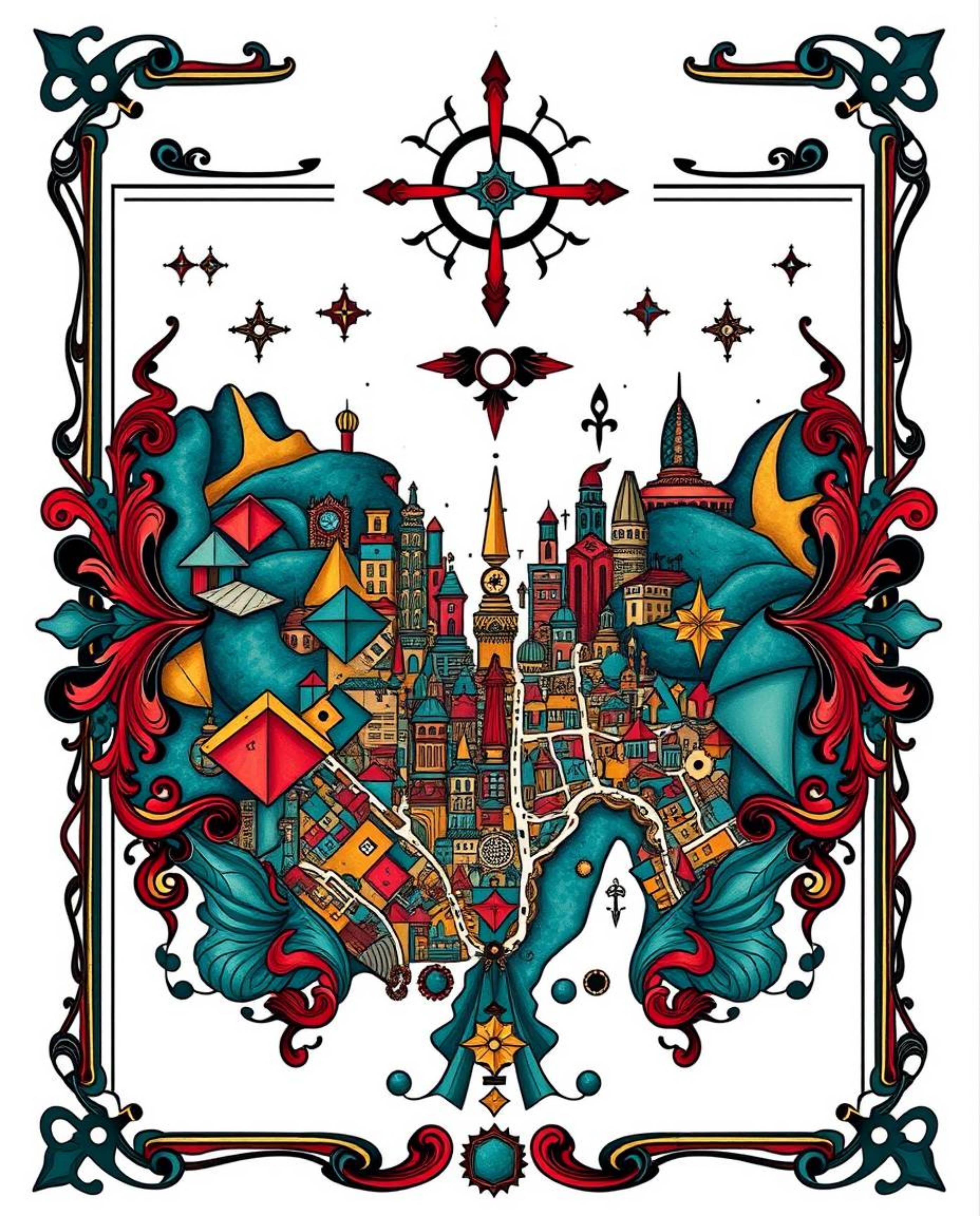 This striking symbolic traditional tattoo art print showcases a rich, deep teal abstract city map composed of geometric shape